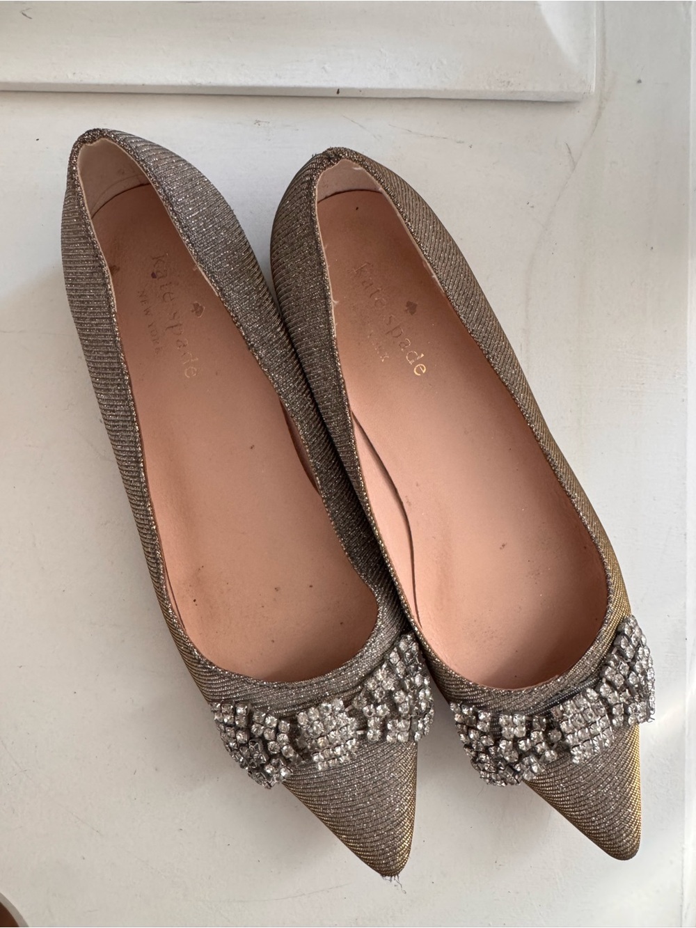 Kate Spade Metallic Pointed-Toe Crystal Bow Flats - Pewter/Gold/Silver - Picture 7 of 7